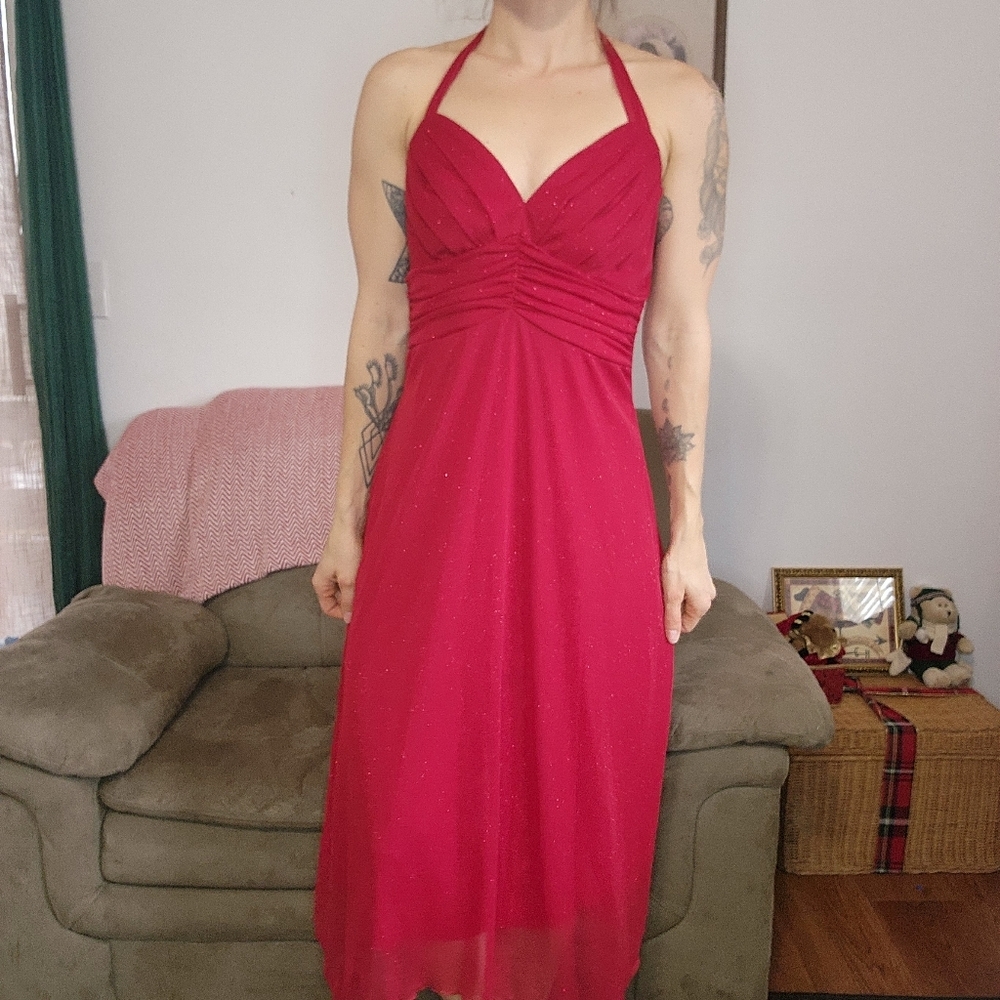 Studio1940 Red Halter Glitter Midi Dress Size 6